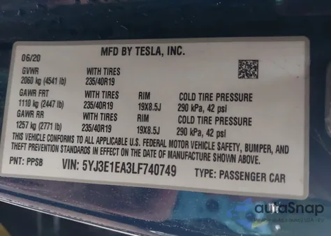 2020 Tesla Model 3 Standard Range Plus Rear-Wheel Drive/Standard Range Rear-Wheel Drive из США, поврежденный, VIN 5YJ3E1EA3LF740749